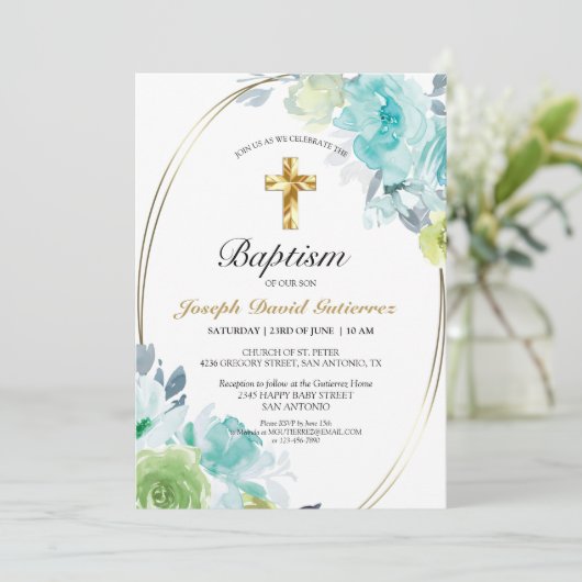 Mooie Blue Floral Gold Cross Baby Baptisme Kaart (Staand voorkant)