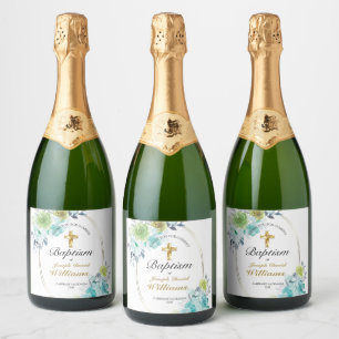 Mooie Blue Floral Gold Cross Baby Baptisme Sparkling Wijnetiket