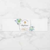 Mooie Blue Floral Gold Cross Baby Baptisme Waterfles Etiket (Enkel label)