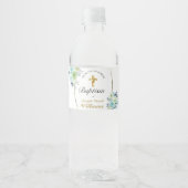 Mooie Blue Floral Gold Cross Baby Baptisme Waterfles Etiket (Voorkant)