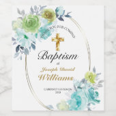 Mooie Blue Floral Gold Cross Baby Baptisme Wijn Etiket (Enkel label)