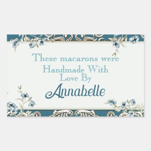 Mooie Blue Floral Handmade Macaron Cookie Rechthoekige Sticker (Voorkant)