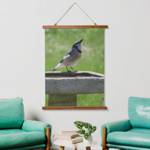 Mooie Blue Jay Drink hangende treinen Hangend Wandkleed