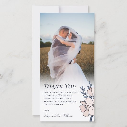 Mooie Blush & Blauwe Bloemen Trouw Dank Je Bedankkaart (Voorkant)