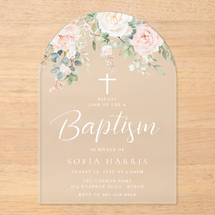 Mooie Blush Bloemen Baby Meisjes Doopfeest Acryl Uitnodigingen