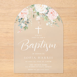 Mooie Blush Bloemen Baby Meisjes Doopfeest Acryl Uitnodigingen