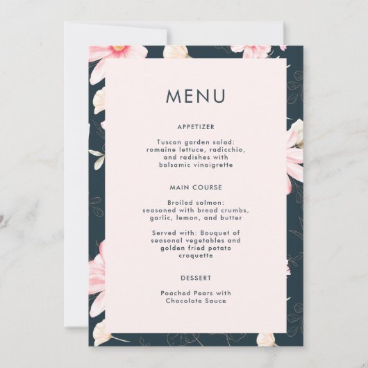 Mooie Blush Bloemen Blauw Bruiloft Menu (Voorkant)