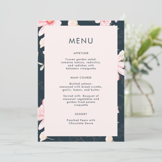 Mooie Blush Bloemen Blauw Bruiloft Menu (Staand voorkant)