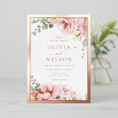 Mooie Blush Bloemen bruiloft stoffig Roos Goud Folie Uitnodiging (Staand Voorkant)