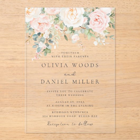 Mooie blush bloemen lente bruiloft acryl uitnodigingen (Voorkant)
