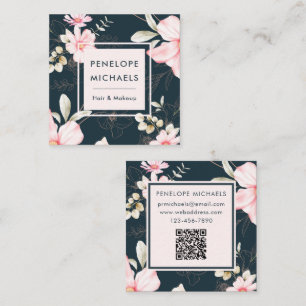 Mooie Blush Bloemen met QR Code Donkerblauw Vierkante Visitekaartje