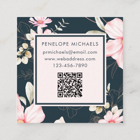Mooie Blush Bloemen met QR Code Donkerblauw Vierkante Visitekaartje (Achterkant)