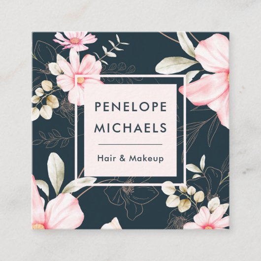 Mooie Blush Bloemen met QR Code Donkerblauw Vierkante Visitekaartje (Voorkant)