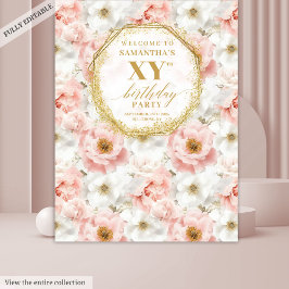 Mooie Blush Bloemen Verjaardag Foto Booth Banner Wandkleed
