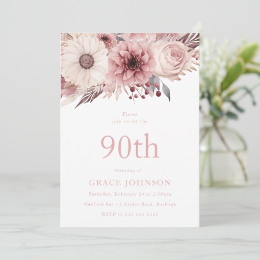 Mooie Blush Boho Bloemen 90ste Verjaardagsfeestje Kaart (Staand voorkant)