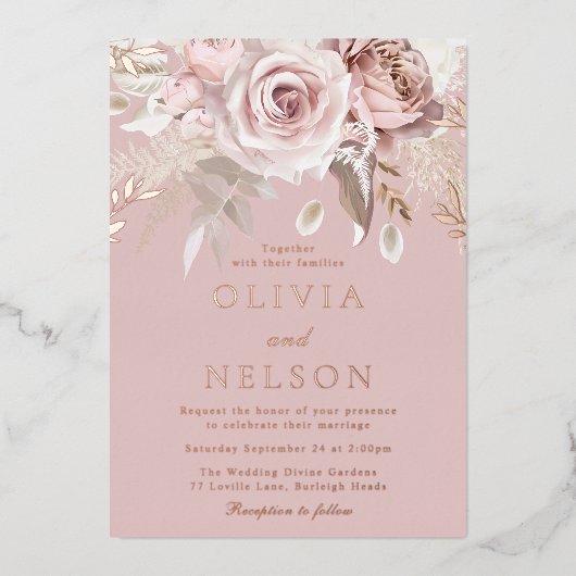 Mooie Blush Dusty Roos bruiloft Roos Gold Folie Uitnodiging (Voorkant)