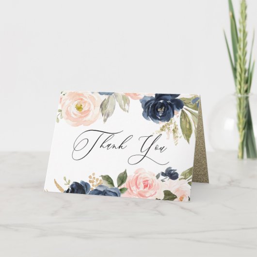 Mooie 'Blush' en 'Navy Floral Spring Wedding' Bedankkaart (Voorkant)