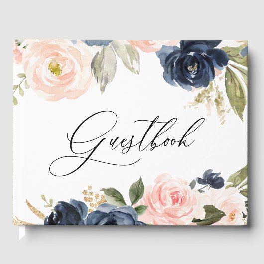 Mooie 'Blush' en 'Navy Floral Spring Wedding' Gastenboek (Voorkant)