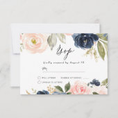 Mooie 'Blush' en 'Navy Floral Spring Wedding' RSVP Kaartje (Voorkant)
