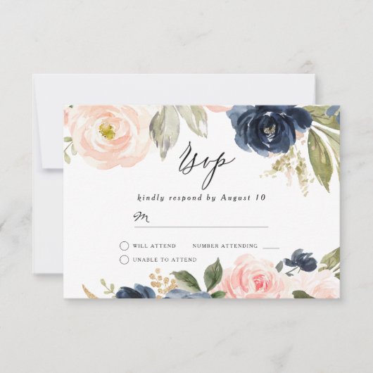 Mooie 'Blush' en 'Navy Floral Spring Wedding' RSVP Kaartje (Voorkant)