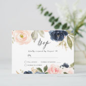 Mooie 'Blush' en 'Navy Floral Spring Wedding' RSVP Kaartje (Staand voorkant)