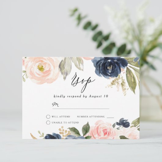 Mooie 'Blush' en 'Navy Floral Spring Wedding' RSVP Kaartje (Staand voorkant)