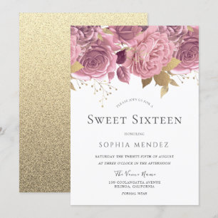 Mooie Blush Floral & Gold Sweet Sixteen Kaart