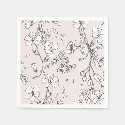 Mooie Blush Floral Monogram Sketched Wedding Servet (Voorkant)