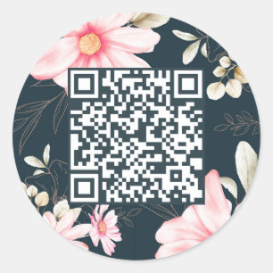 Mooie Blush Floral QR Code Donkerblauw Ronde Sticker