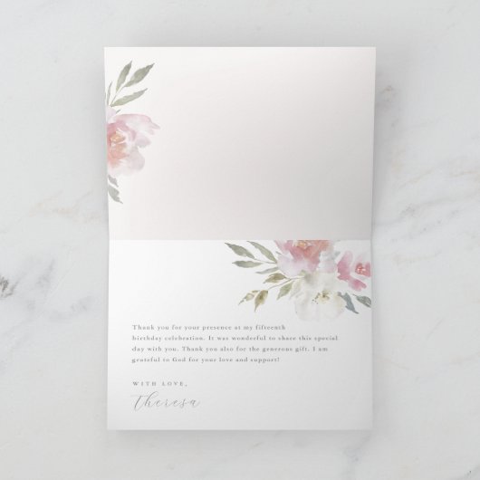 Mooie Blush Floral Quinceanera dank u Bedankkaart (Binnen)