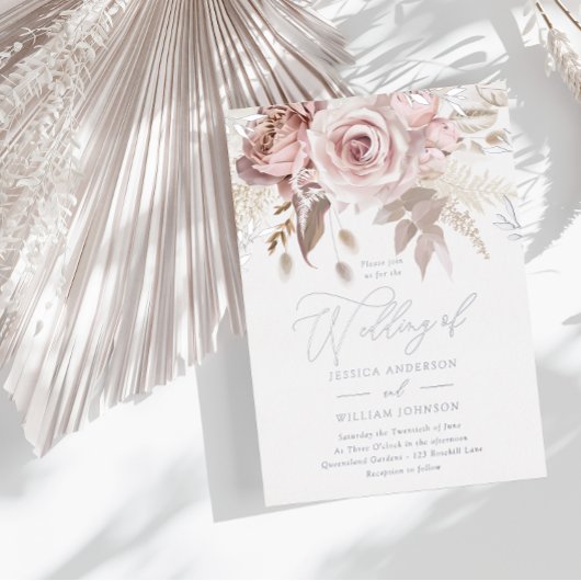 Mooie blush Floral Wedding Silver Folie Uitnodiging