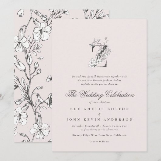 Mooie Blush Floral 'Z' Monogram op zak Kaart (Voorkant / Achterkant)