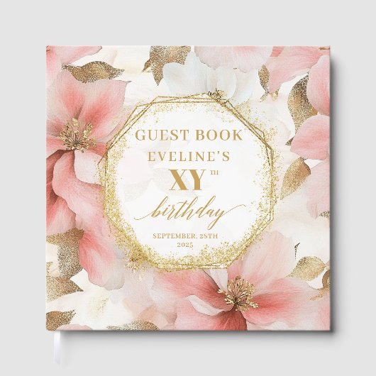 Mooie Blush Ivoor Goud Bloemen Verjaardag Gastboek Gastenboek (Voorkant)