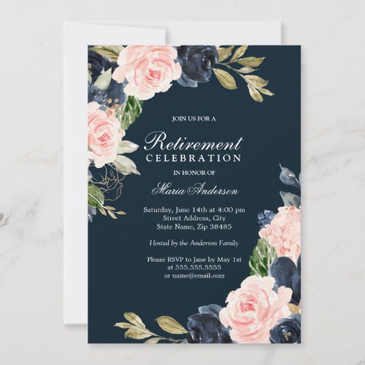 Mooie Blush & Navy Elegant Retirement Party Kaart (Voorkant)
