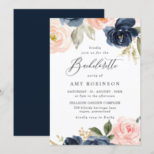 Mooie Blush & Navy Flowers Bachelorette Party Kaart