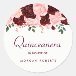 Mooie Blush Pink Burgundy Floral Quinceanera Ronde Sticker