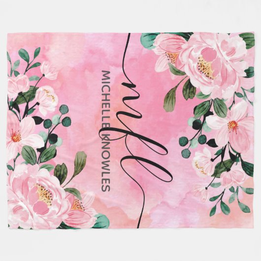 Mooie Blush Pink Floral Trendy Script-monogram Fleece Deken (Voorkant (Horizontaal))