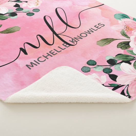 Mooie Blush Pink Floral Trendy Script-monogram Sherpa Deken (3/4)