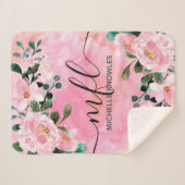 Mooie Blush Pink Floral Trendy Script-monogram Sherpa Deken (Voorkant (horizontaal))