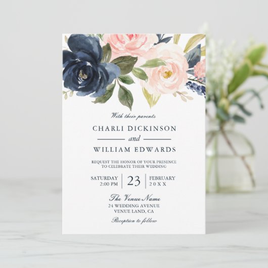 Mooie Blush Pink & Navy Spring Wedding Kaart (Staand voorkant)