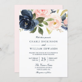 Mooie Blush Pink & Navy Spring Wedding Kaart