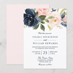 Mooie Blush Pink & Navy Spring Wedding Kaart