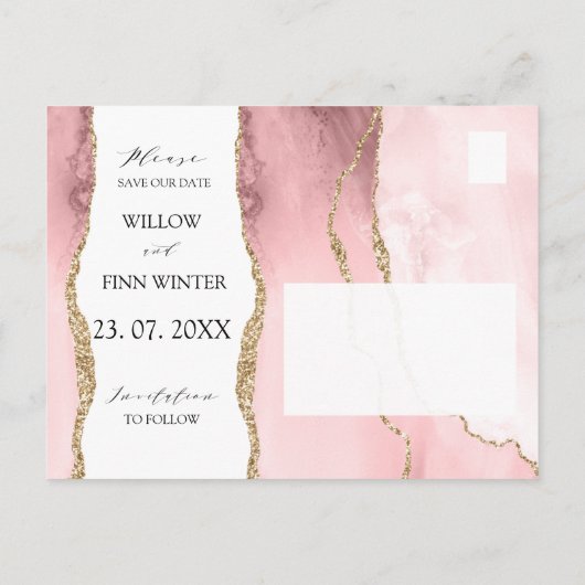 Mooie Blush Roze Agate Moderne Save the Date Aankondigingskaart (Achterkant)