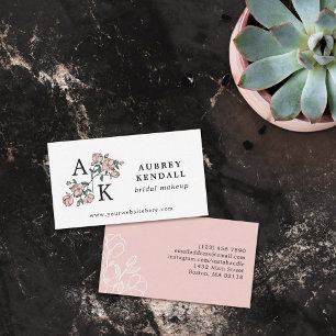 Mooie Blush Roze Bloem 2 Initiële Monogram Visitekaartje