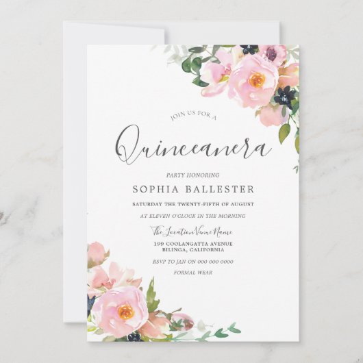 Mooie blush roze bloemen Quinceanera Party Kaart (Voorkant)