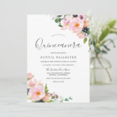 Mooie blush roze bloemen Quinceanera Party Kaart (Staand voorkant)
