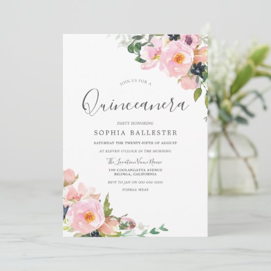 Mooie blush roze bloemen Quinceanera Party Kaart (Staand voorkant)