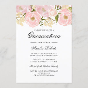 Mooie Blush Roze Bloemige Quinceanera Uitnodiging