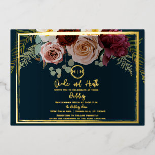 Mooie Blush Roze Bordeaux Bloem Navy Trouw  Folie Uitnodiging