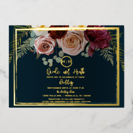 Mooie Blush Roze Bourgondië Bloemen Navy Trouwjurk Folie Uitnodiging